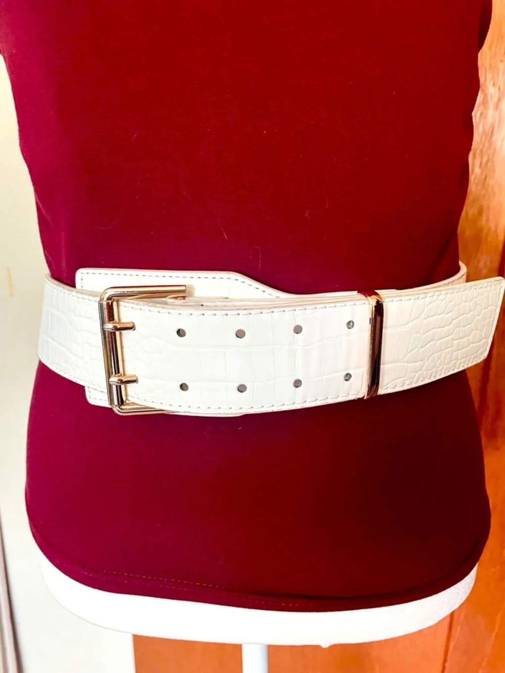 White Croc Embossed Wide Belt Gold Double Prong Buckle Chunky Oversized Retro